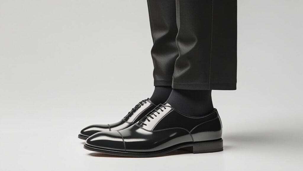 a classic pair of black leather oxford shoes for men on a white background, clean and minimal, side view.”