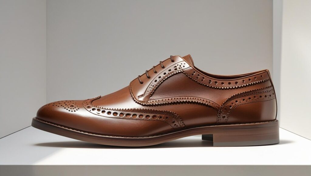 a stylish full grain leather men’s brogue shoe with perforated detailing, brown color, isolated on a white background.