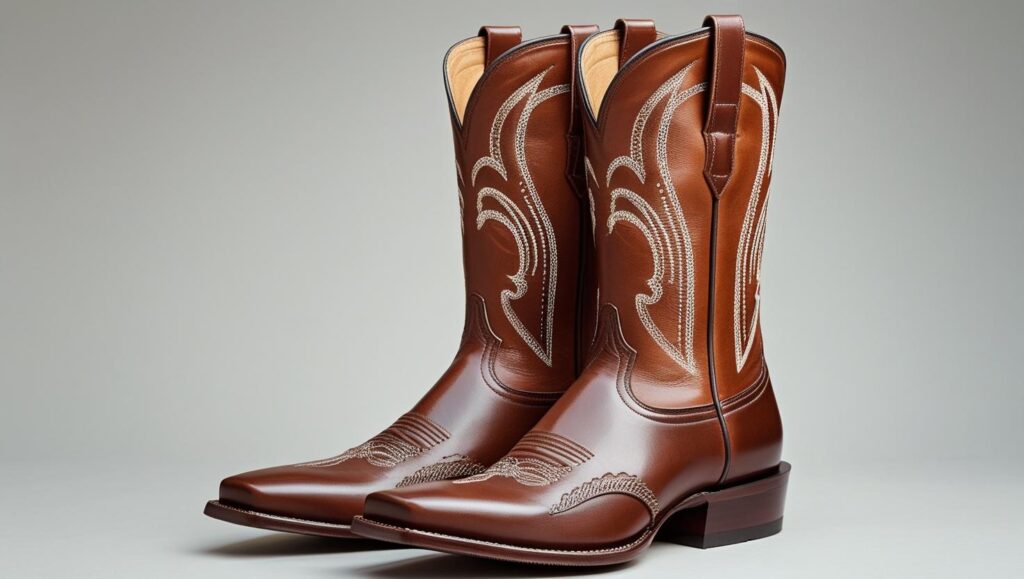 classic western style cowboy boots for men with a pointed toe and decorative stitching, brown, side view.”