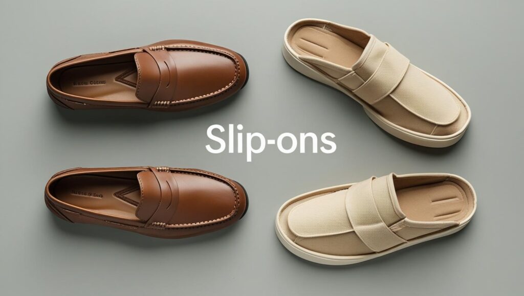 create a square image of casual loafers or sandals for men on a neutral background. add the bold title ‘slip ons’ in a relaxed, friendly font. simple and clean for a blog graphic