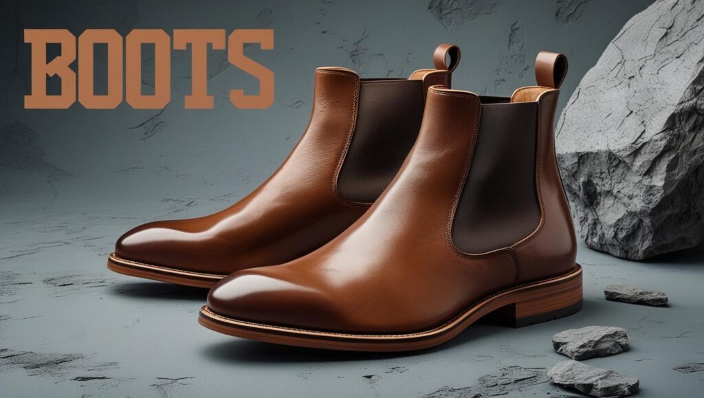 create a square image of stylish leather boots (chelsea or chukka) on a muted, rugged background. add the bold title ‘boots’ in a masculine, bold font. fashion oriented, clean design