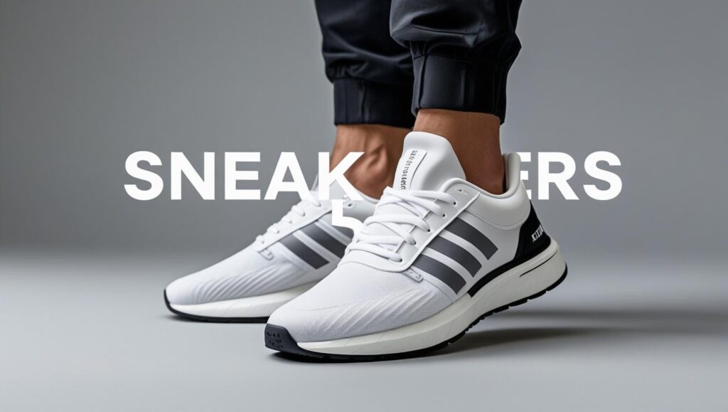 create a square image of trendy men’s sneakers (e.g., white, running, or basketball shoes) on a light grey or blue background. add the bold title ‘sneakers’ in a sporty font. simple and stylish layout