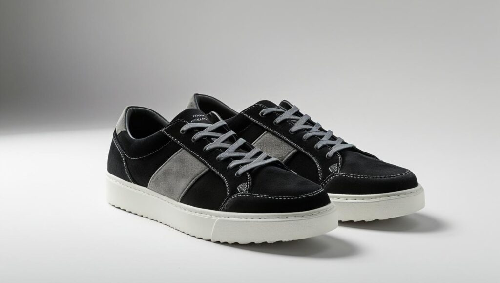 flat sole skate shoes for men, casual design in black or grey suede, on a white or light grey background.”