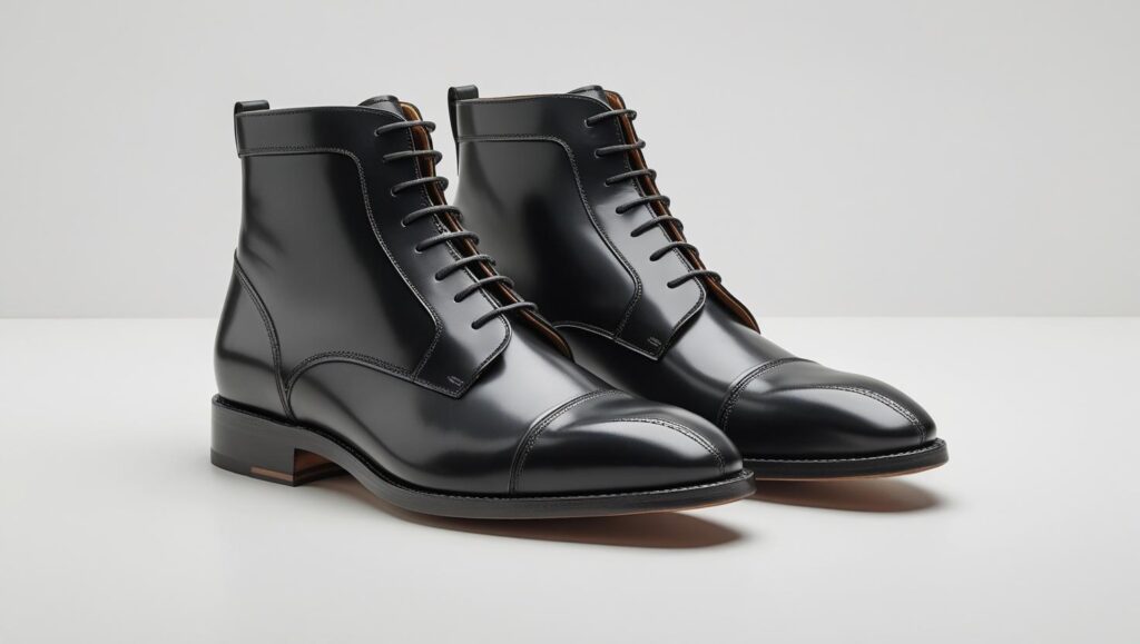 formal dress boots for men in black leather with polished finish, isolated on a clean white background.”