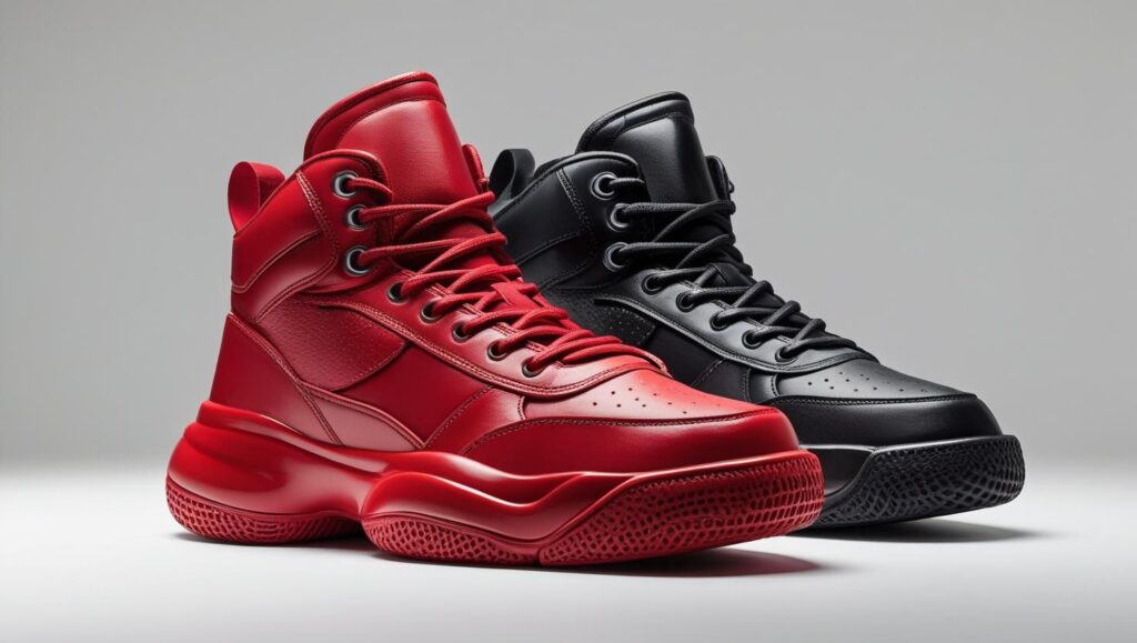 “high top basketball sneakers for men, sporty design with thick sole, red or black, on a plain background