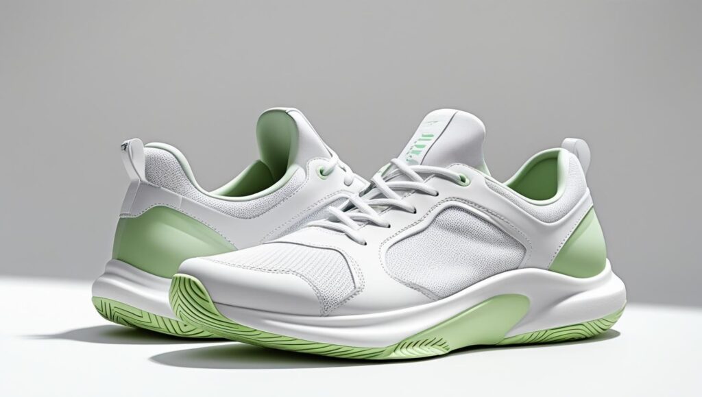 lightweight tennis shoes for men with simple design, white or light green color, isolated on a white background