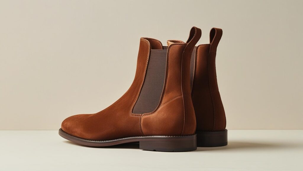 men’s chelsea boots in brown suede or leather with elastic sides, side view on a neutral background.