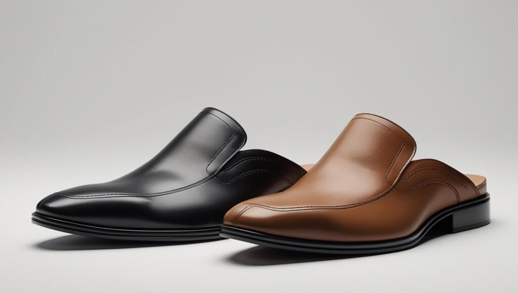 men’s backless leather mules, fashion forward style in black or tan, isolated on a plain background