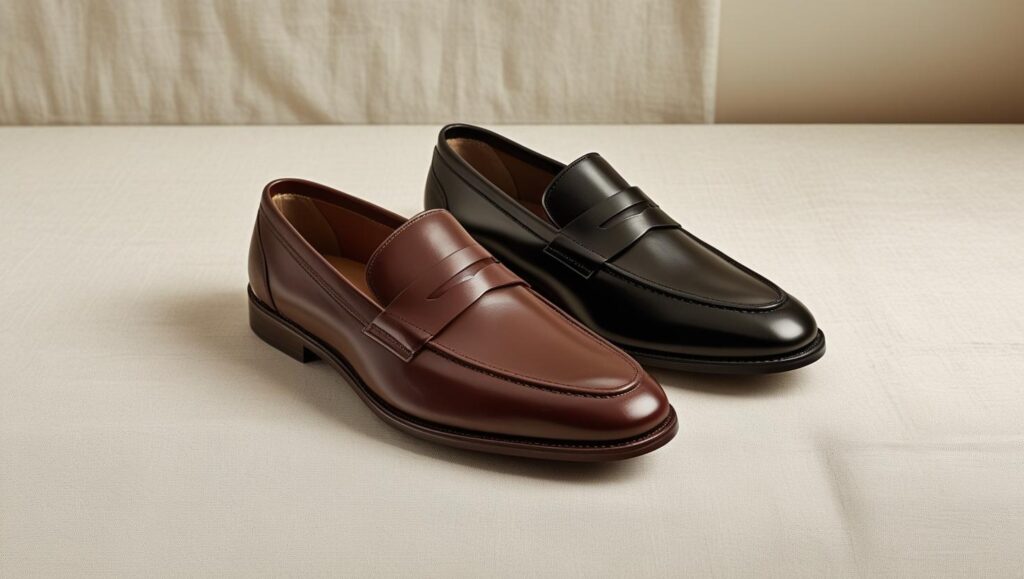 men’s leather loafers in brown or black, simple and elegant design, on a plain white or beige background.”