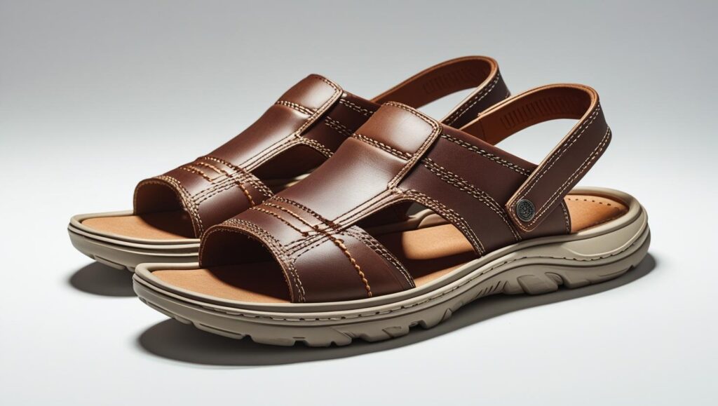 “men’s open toe sandals with straps, casual style, isolated on a white background.”