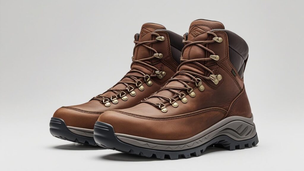 rugged hiking boots for men with rubber soles and ankle support, brown or grey, isolated on white.