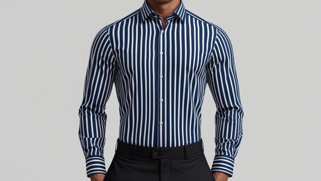 8 Types of Formal Shirts Every Guy Should Know About (2025 Edition) man wearing striped formal shirt, front body view only, tucked into black pants, collar visible, no face