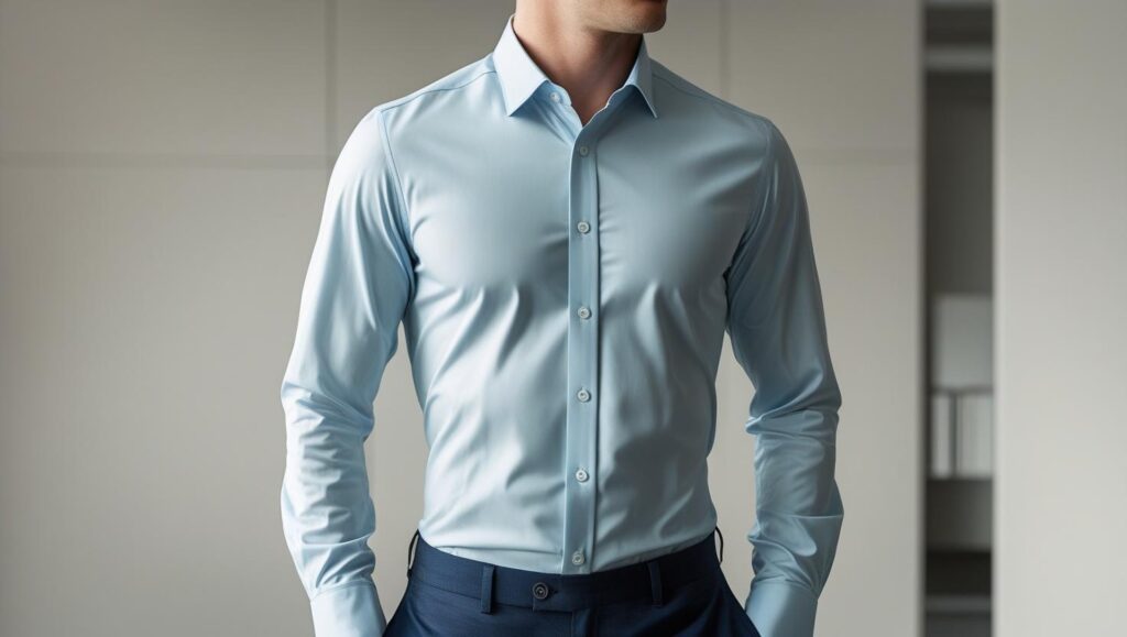 8 Types of Formal Shirts Every Guy Should Know About (2025 Edition) “men’s formal solid color shirt, plain white or light blue, long sleeves, buttoned, neatly tucked in, corporate background, studio lighting”