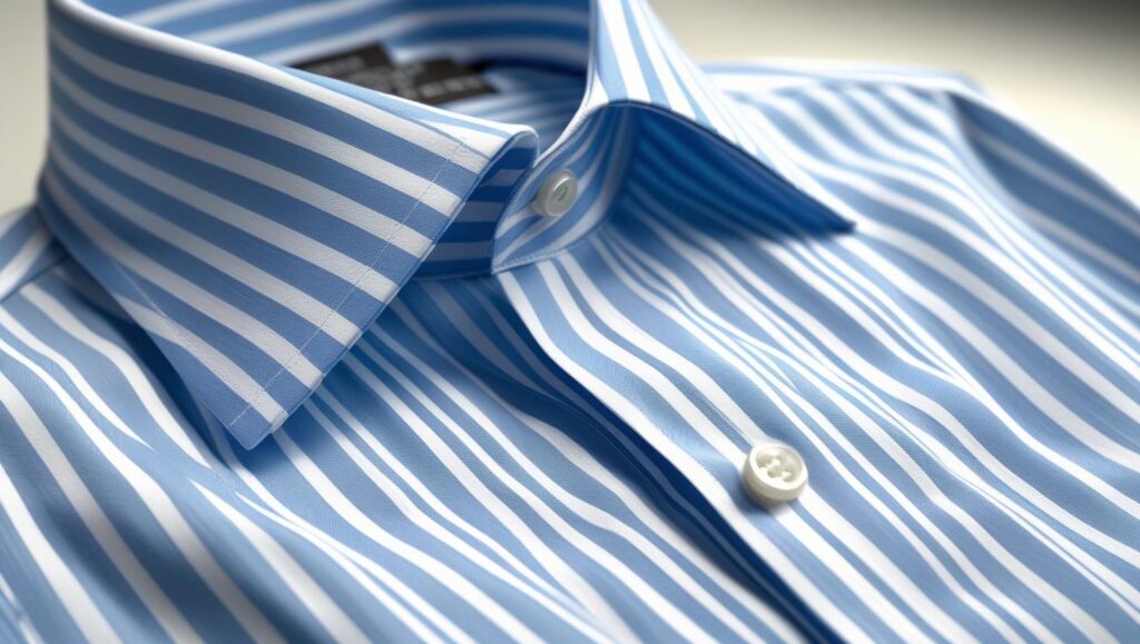 8 Types of Formal Shirts Every Guy Should Know About (2025 Edition) men’s formal striped dress shirt, vertical stripes, office setting, light cotton fabric, professional look, collar visible, elegant style