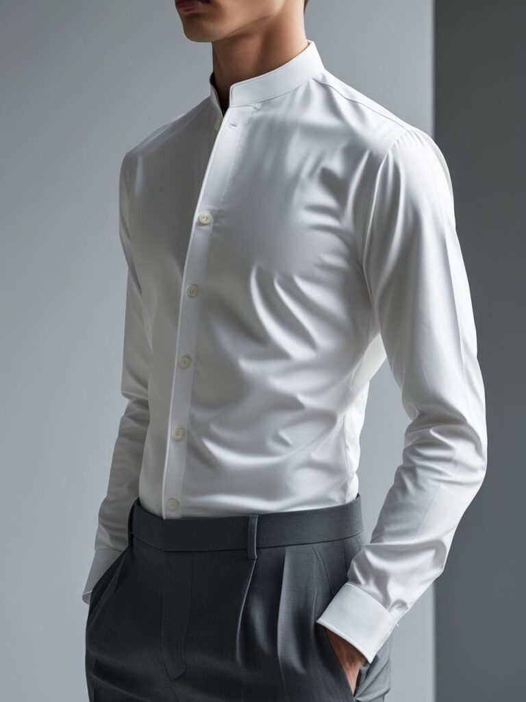 8 Types of Formal Shirts Every Guy Should Know About (2025 Edition) upper body of model in mandarin collar shirt, clean styling, tucked in, modern formal background
