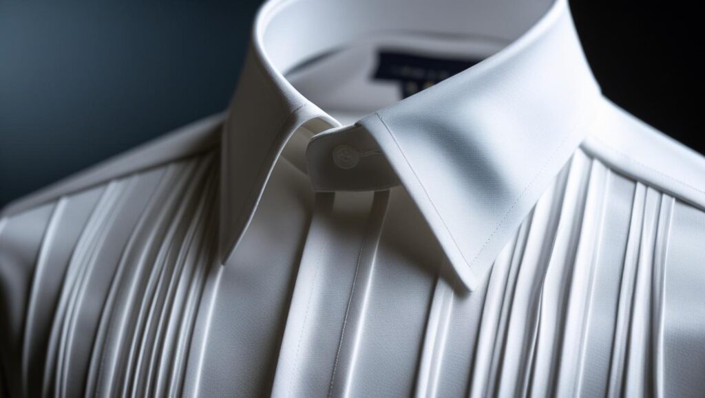 8 Types of Formal Shirts Every Guy Should Know About (2025 Edition) white tuxedo shirt close up, pleated front panel, wing tip collar, fine cotton fabric, high end studio lighting