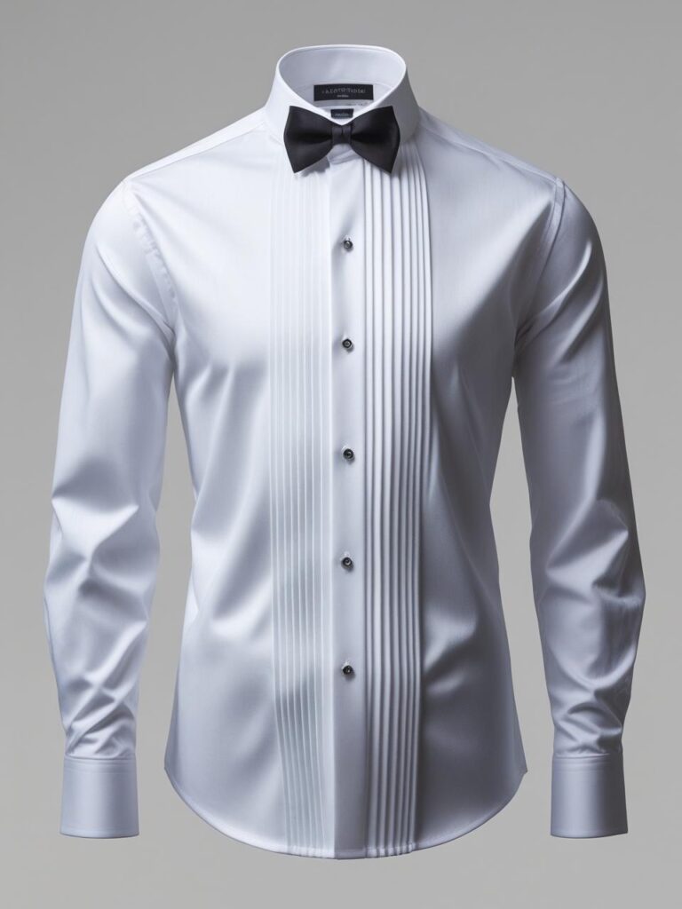 8 Types of Formal Shirts Every Guy Should Know About (2025 Edition) white tuxedo shirt , pleated front panel, wing tip collar, fine cotton fabric, high end studio lighting