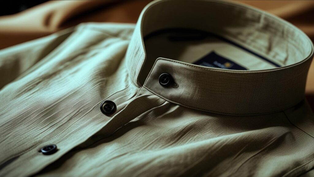 8 Types of Formal Shirts Every Guy Should Know About (2025 Edition) zoomed shot of khaki mandarin collar shirt, minimalistic design, soft linen or cotton blend, real photography
