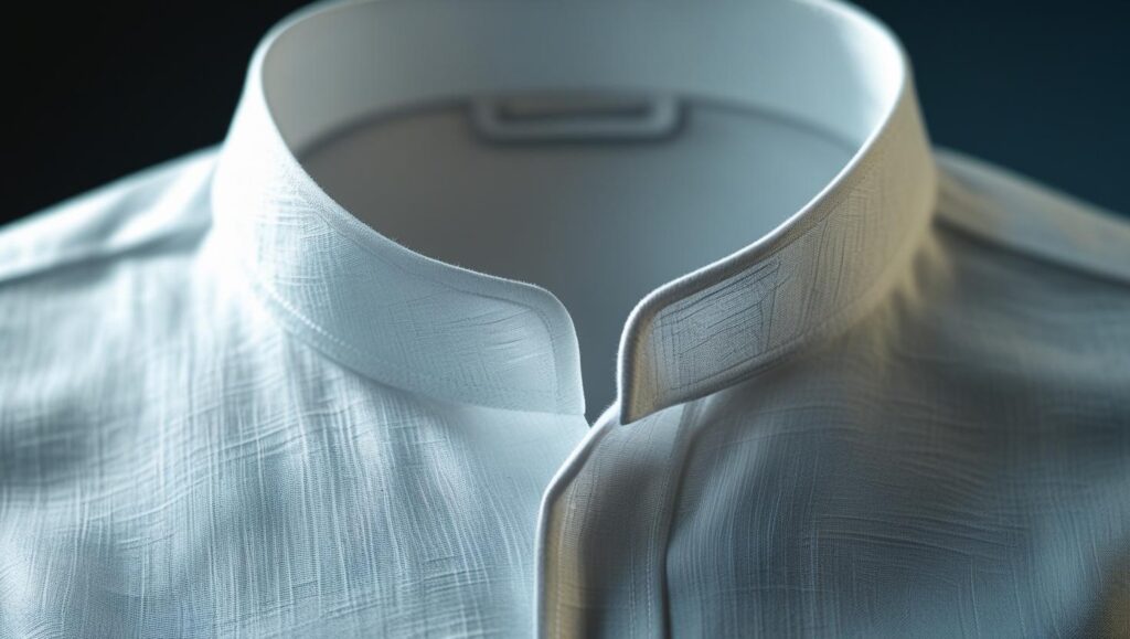 8 Types of Formal Shirts Every Guy Should Know About (2025 Edition) zoomed shot of white mandarin collar shirt, minimalistic design, soft linen or cotton blend, real photography