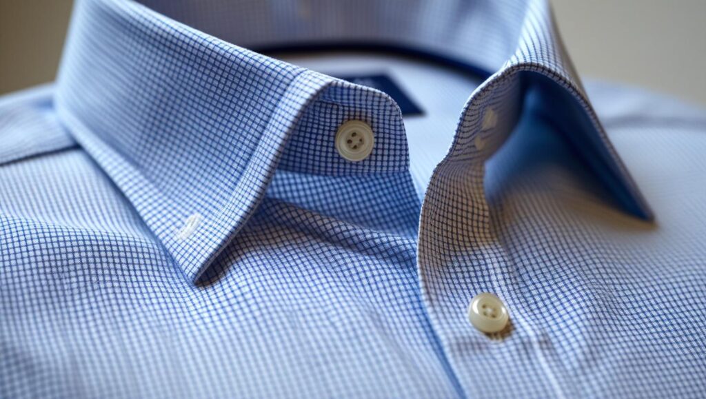 8 Types of Formal Shirts Every Guy Should Know About (2025 Edition) close up of checked formal shirt, small blue and white checks, oxford cotton material, button down collar