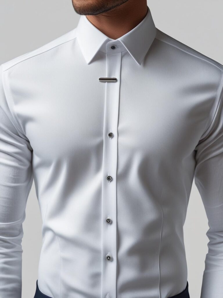 8 Types of Formal Shirts Every Guy Should Know About (2025 Edition) full pic of pin collar formal shirt, silver collar pin holding the collar tips, smooth white fabric
