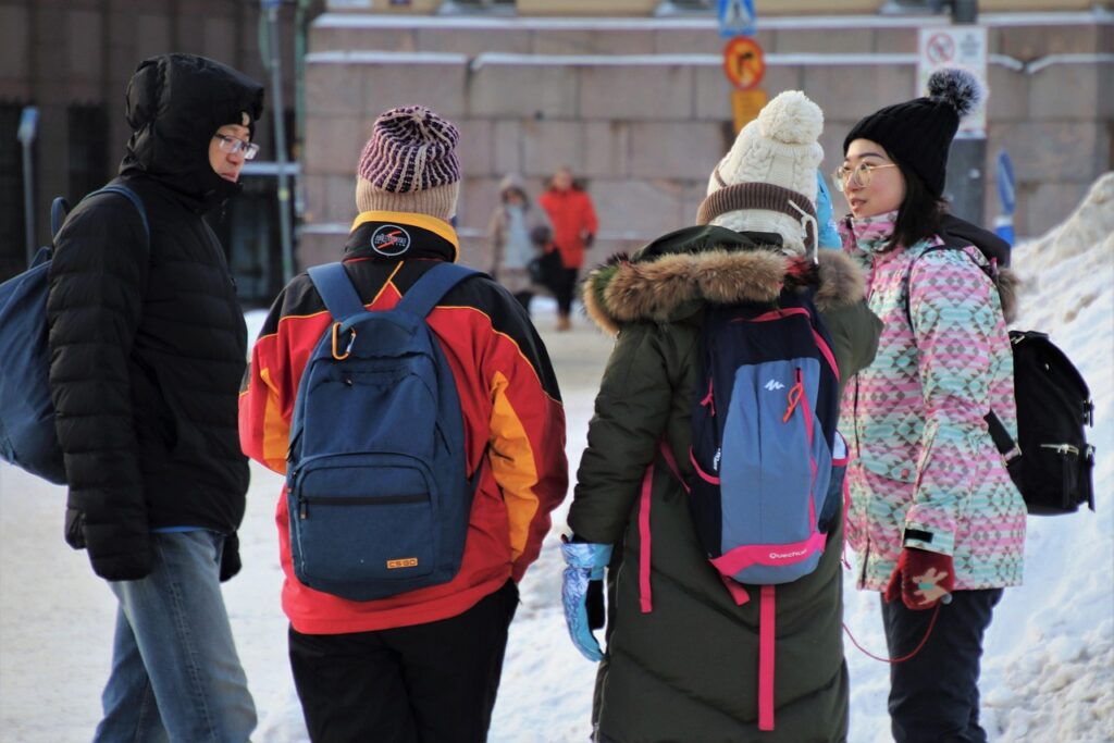 group, student, conversation, winter, snow, city, cold, friends, frozen, winter mood, frost, snowy, helsinki, dec, hat, backpack, jacket, the cold season, together, nature, caps, friendship, walk, walking, street fotografi, back
